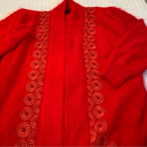 Unique Intl’ Vintage Red Angora Wool Beaded Open Front Cardigan Sweater Jacket - Picture 7 of 10